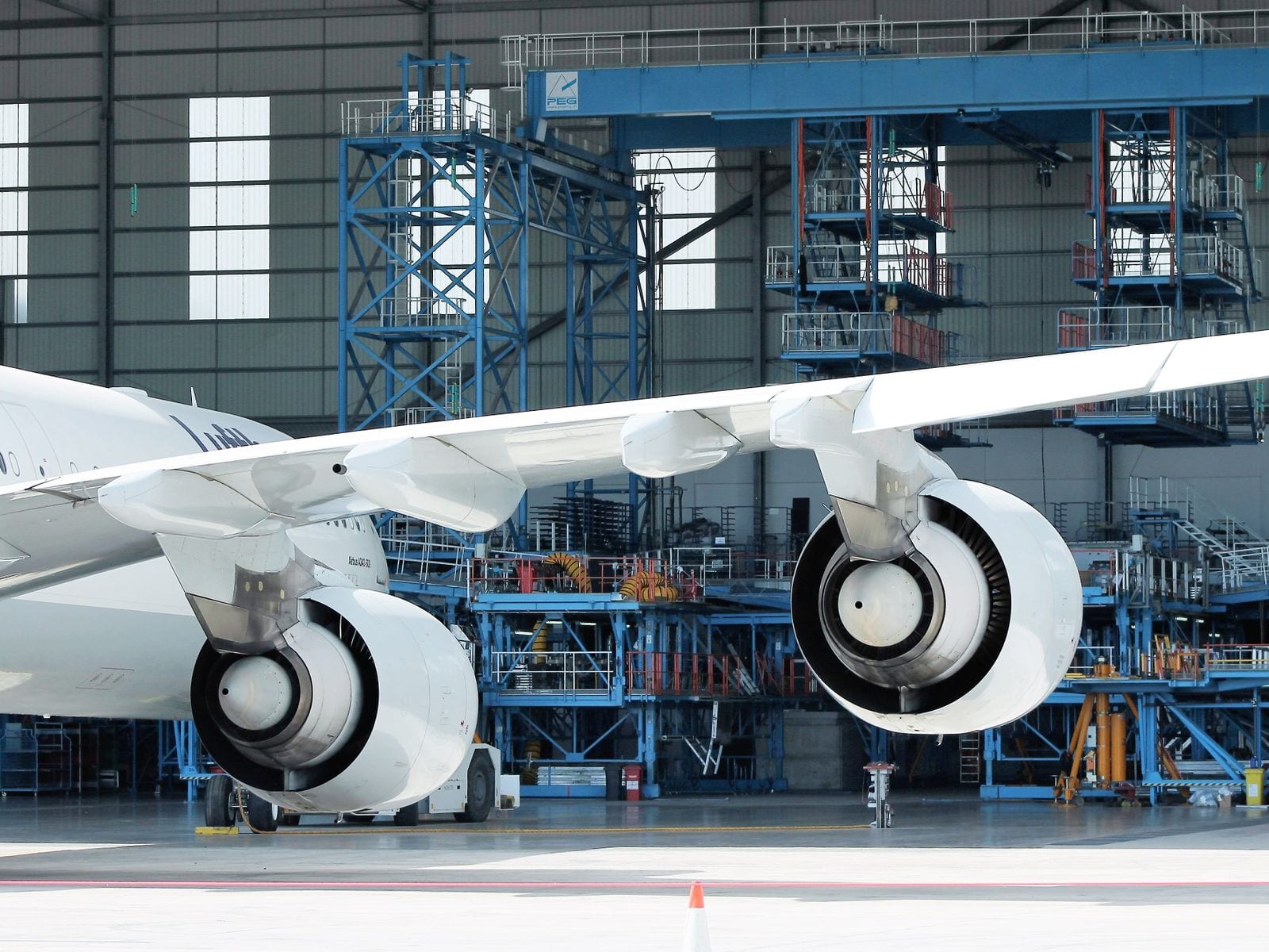 Aircraft in a maintenance hangar